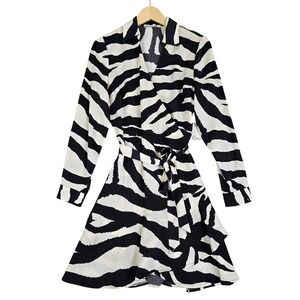 NWT Dex Women's Off White Zebra Print Faux Wrap Long Sleeve Ruffle Hem Dress S